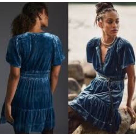 Anthropologie Blue Velvet Mini Dress - Picture 2 of 12